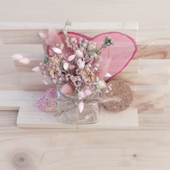 Bouquet bois coeur Mamounette en fleurs séchées roses