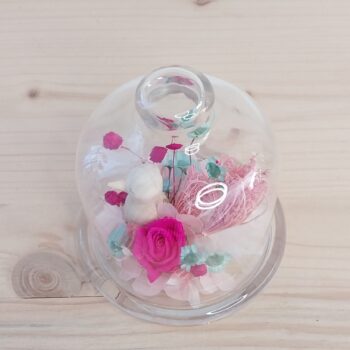 Cloche en verre Zoziau fuschia rose turquoise en fleurs séchées
